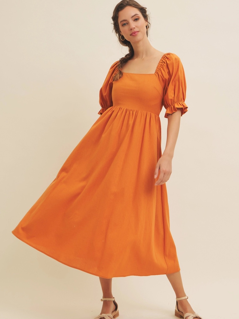 Viscose Linen Blend Square Neck Midi Dress with Smocked Back Size Large